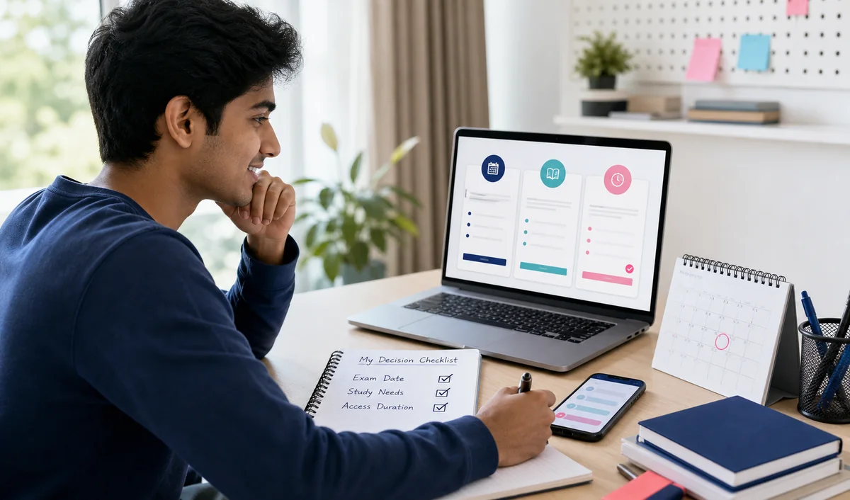 Student compares FullyPass plans against an exam date, study needs, and access duration