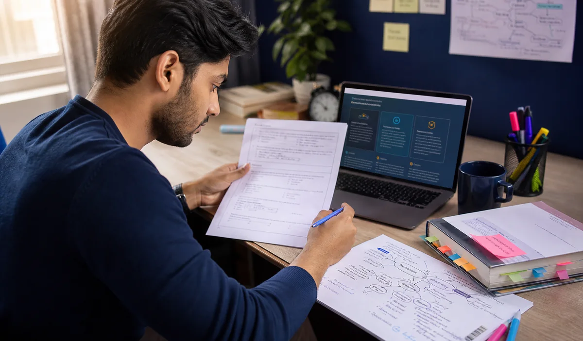 Student compares a previous year question paper with digital explanations and topic notes