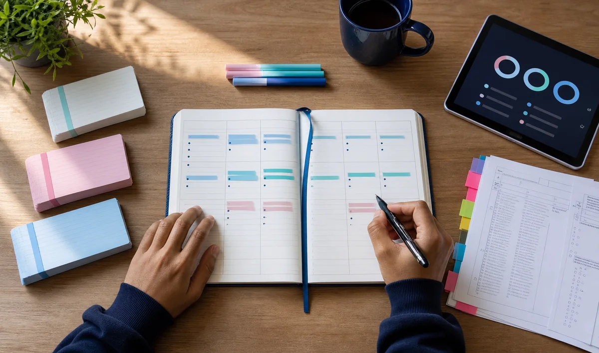Student plans a weekly revision loop with flashcards, practice papers, and progress charts