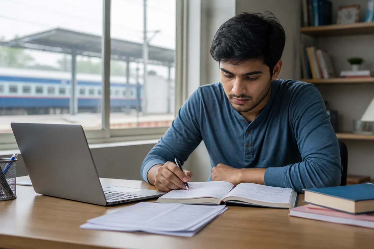 RRB aspirant studying with a passenger train in the background