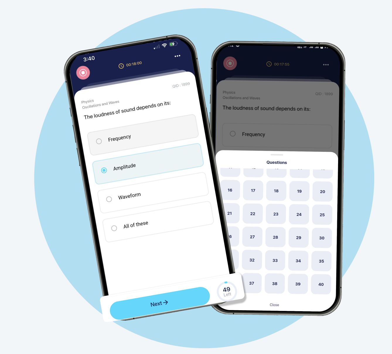 FullyPass exam interface phone screens with answer options and question grid