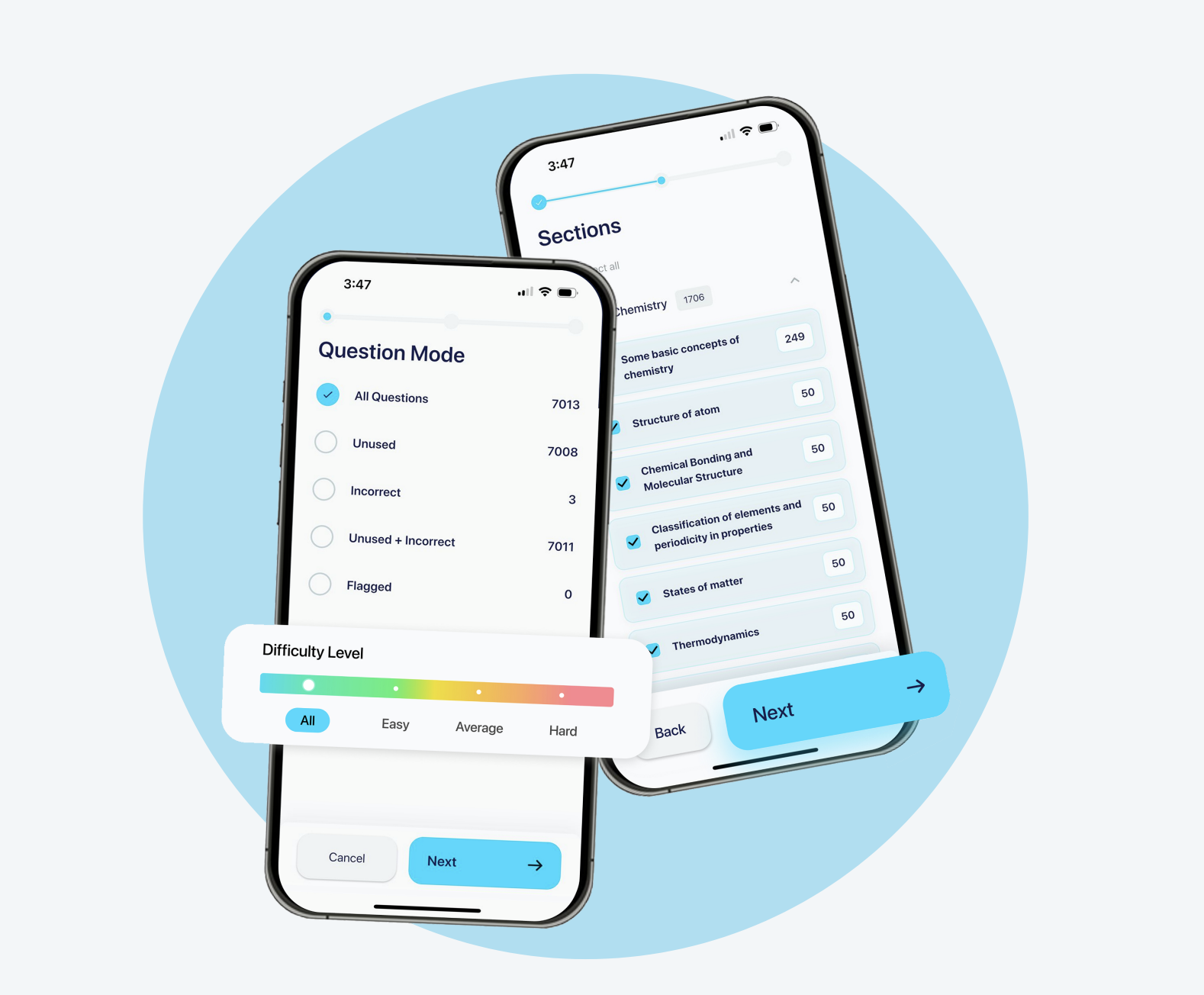 FullyPass phone screens showing question mode and section selection
