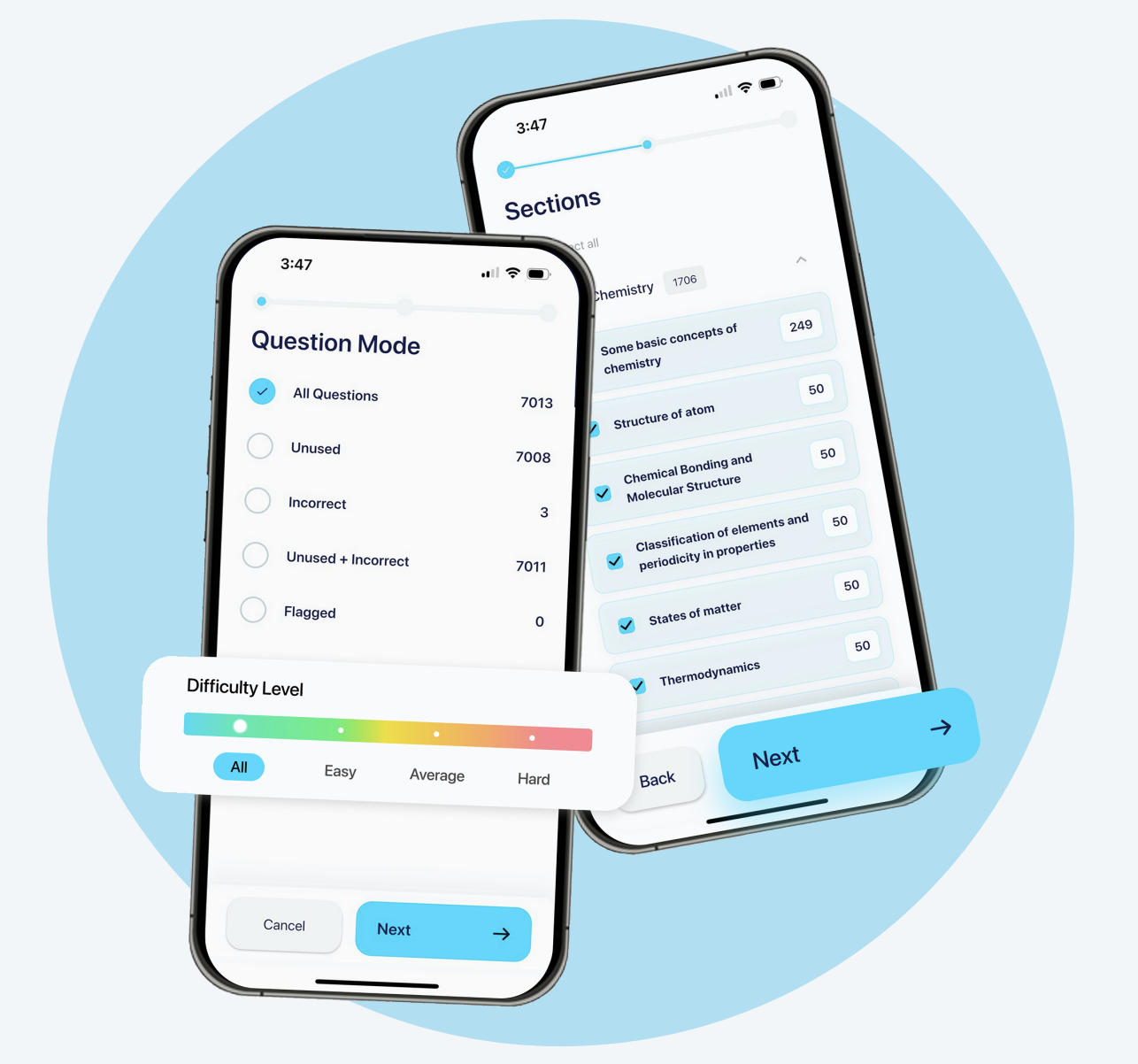 FullyPass study planner phone screens with difficulty slider and section list