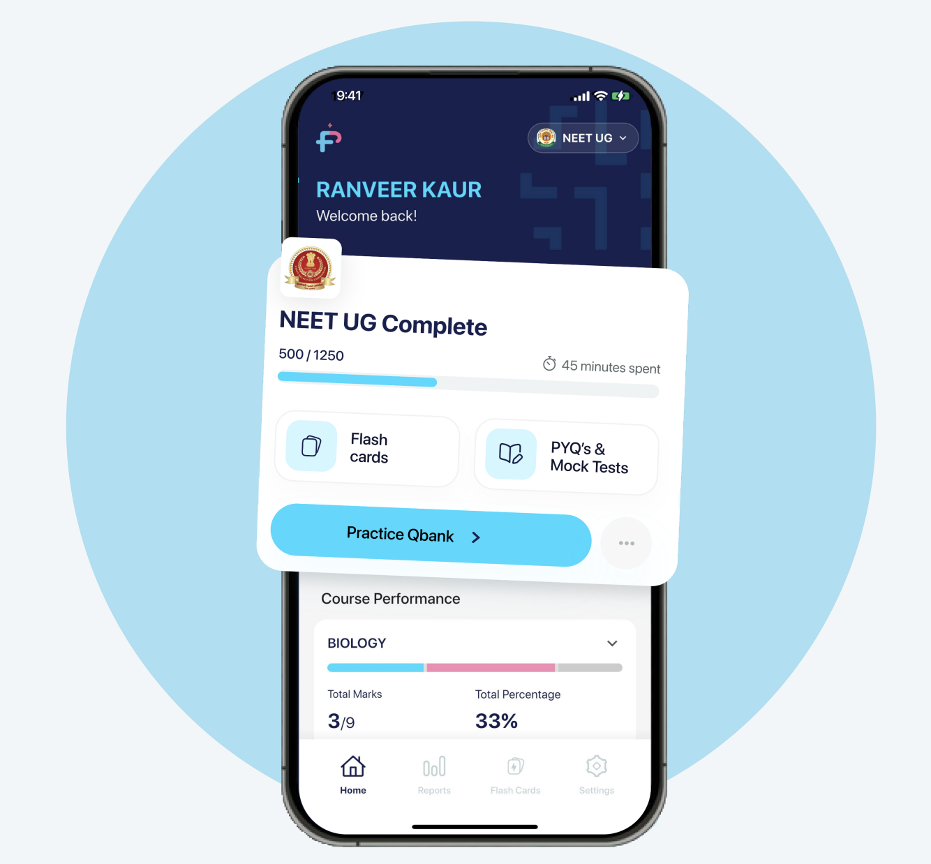 FullyPass NEET progress phone screen with course performance card