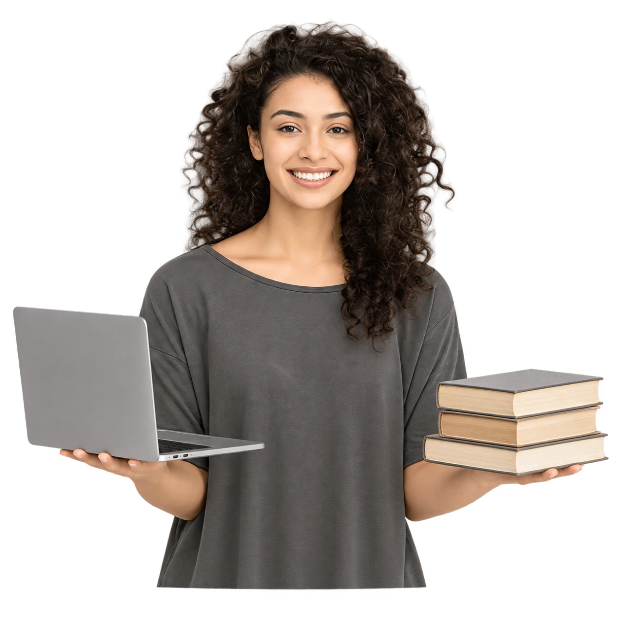 Illustration of a student holding a laptop and books