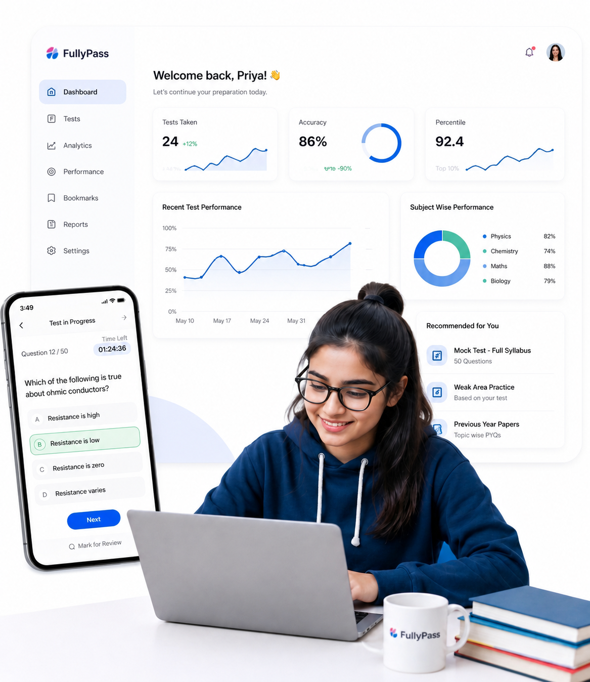 FullyPass dashboard, mobile test, and student preview image