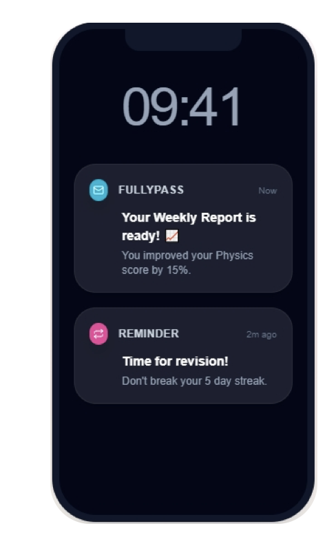 FullyPass phone notifications for weekly reports and revision reminders